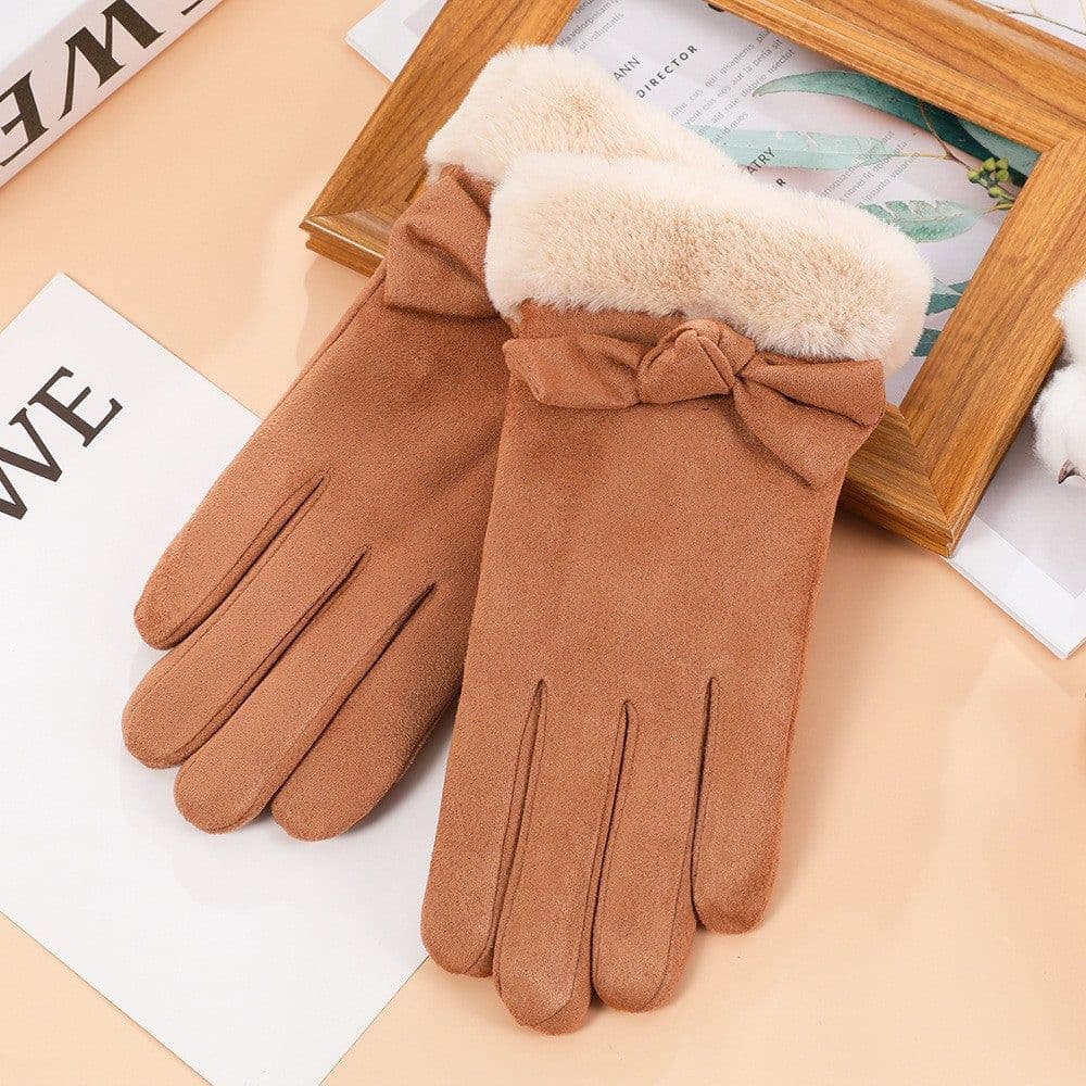 image-Suede warm gloves winter ladies students cute Korean style velvet thickened outdoor cycling touch screen gloves