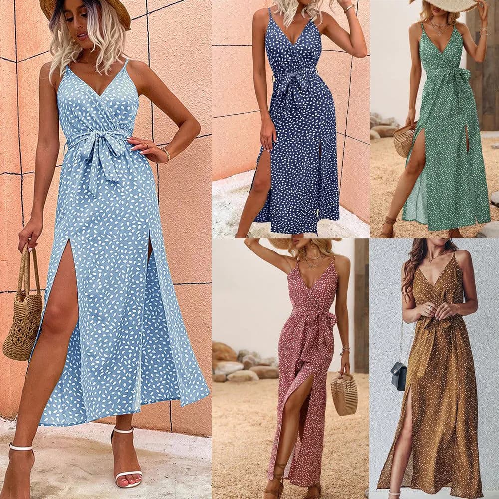 image-Amazon Hot 2022 Cross-Border Summer New V-neck Sling Floral Tie-Neck Dress Foreign Trade Women's Clothing Long Dress