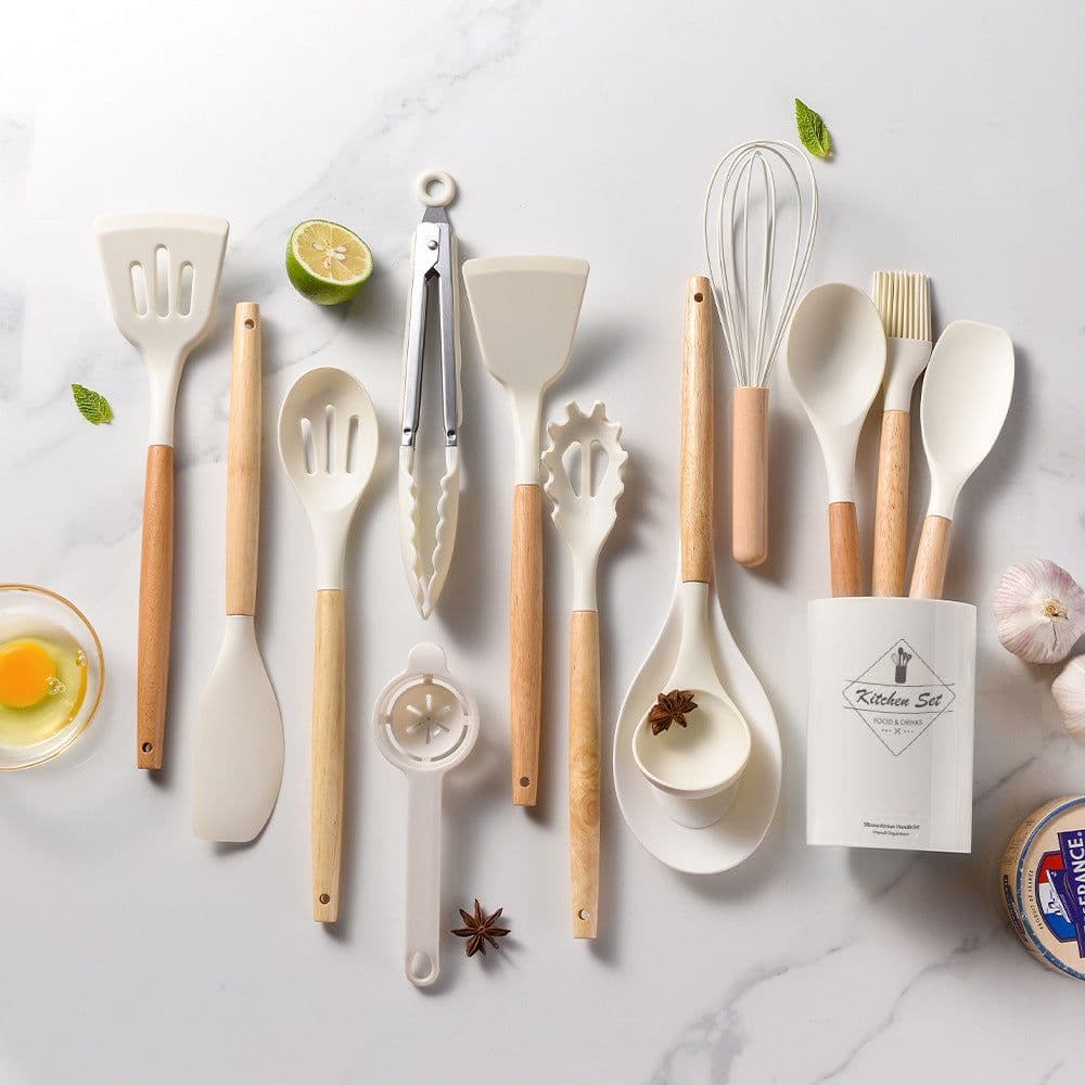 image-Spot light version of round barreled wooden handle silicone kitchen utensils 14-piece set silicone kitchen utensils spatula non-stick kitchen tools