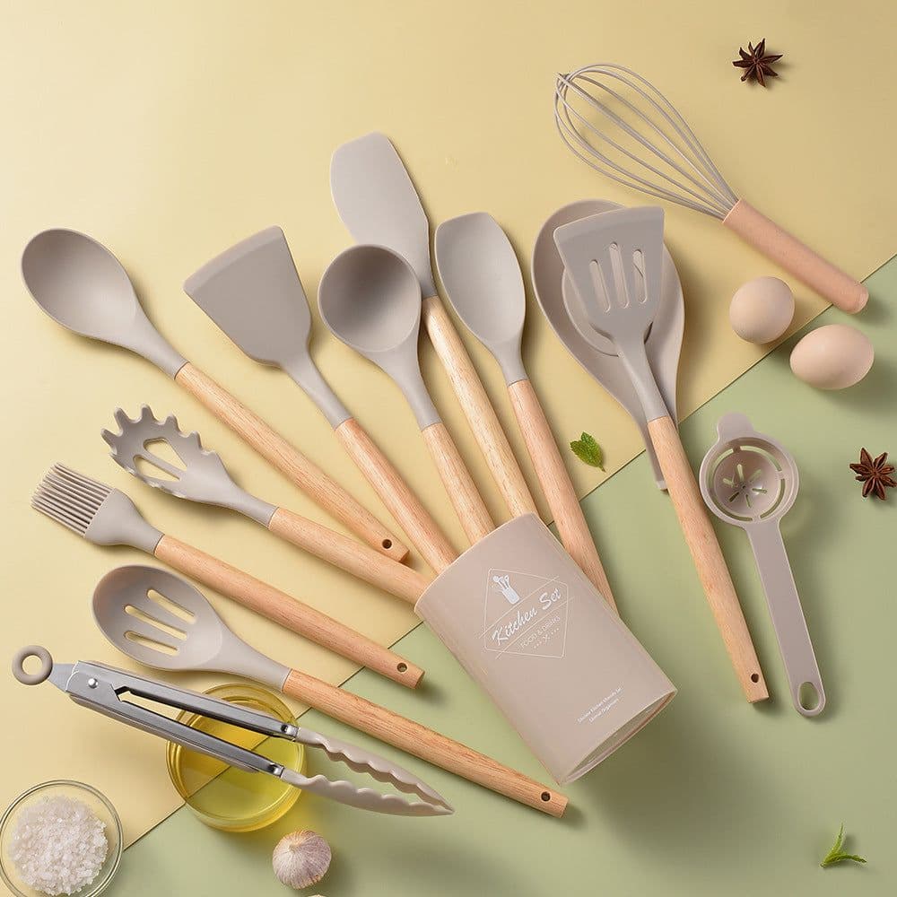 image-Spot light version of round barreled wooden handle silicone kitchen utensils 14-piece set silicone kitchen utensils spatula non-stick kitchen tools