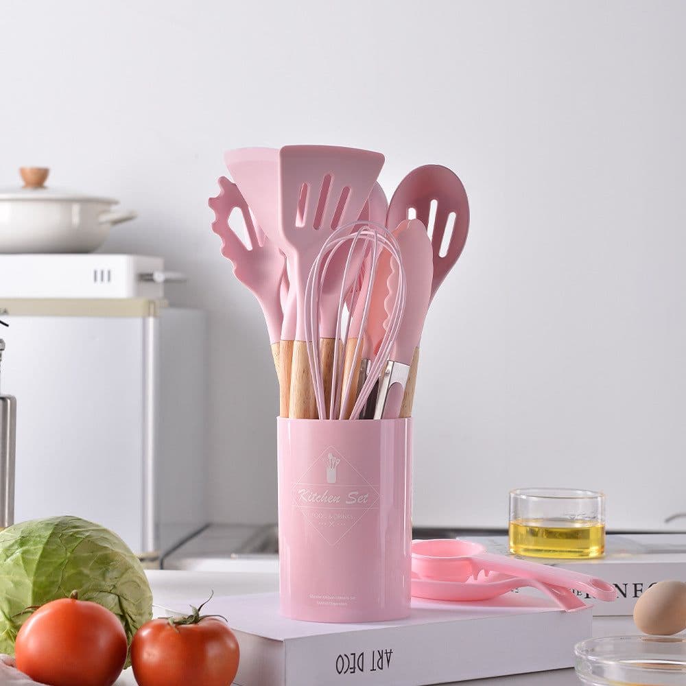 image-Spot light version of round barreled wooden handle silicone kitchen utensils 14-piece set silicone kitchen utensils spatula non-stick kitchen tools