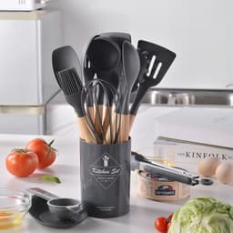 image-Spot light version of round barreled wooden handle silicone kitchen utensils 14-piece set silicone kitchen utensils spatula non-stick kitchen tools