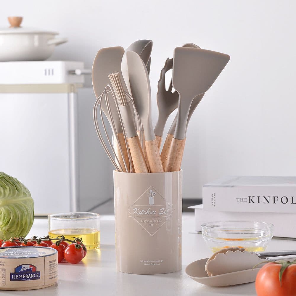 image-Spot light version of round barreled wooden handle silicone kitchen utensils 14-piece set silicone kitchen utensils spatula non-stick kitchen tools
