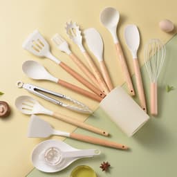 image-Spot light version of round barreled wooden handle silicone kitchen utensils 14-piece set silicone kitchen utensils spatula non-stick kitchen tools