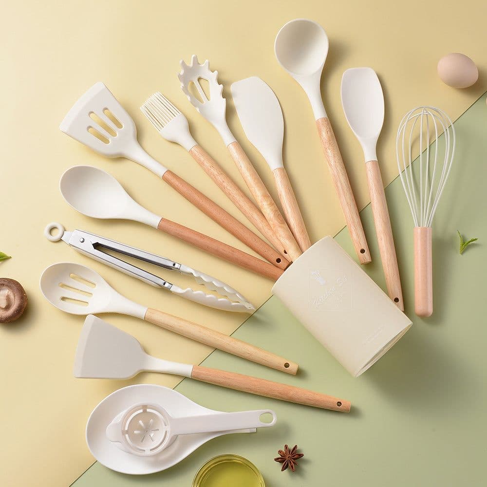 image-Spot light version of round barreled wooden handle silicone kitchen utensils 14-piece set silicone kitchen utensils spatula non-stick kitchen tools