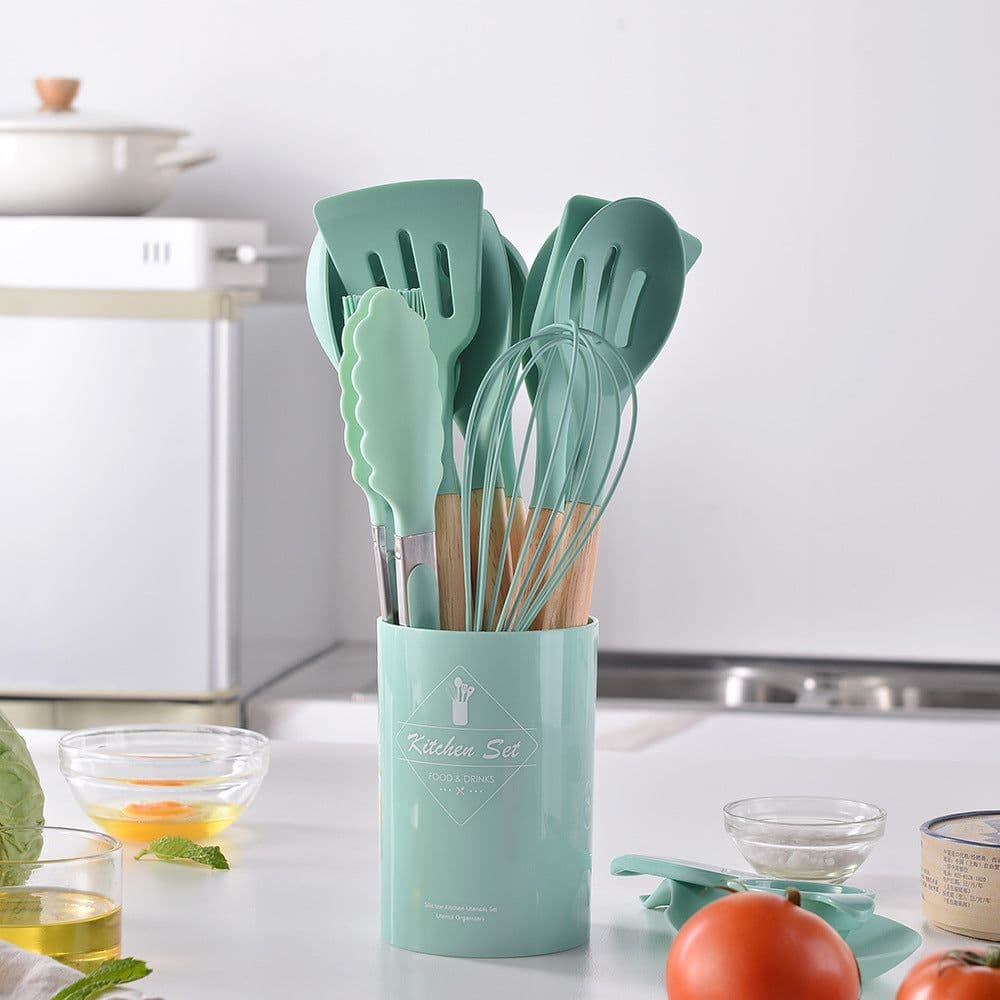 image-Spot light version of round barreled wooden handle silicone kitchen utensils 14-piece set silicone kitchen utensils spatula non-stick kitchen tools