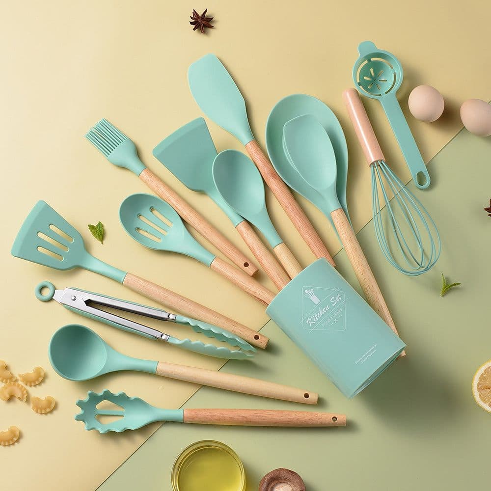 image-Spot light version of round barreled wooden handle silicone kitchen utensils 14-piece set silicone kitchen utensils spatula non-stick kitchen tools