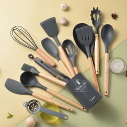 image-Spot light version of round barreled wooden handle silicone kitchen utensils 14-piece set silicone kitchen utensils spatula non-stick kitchen tools