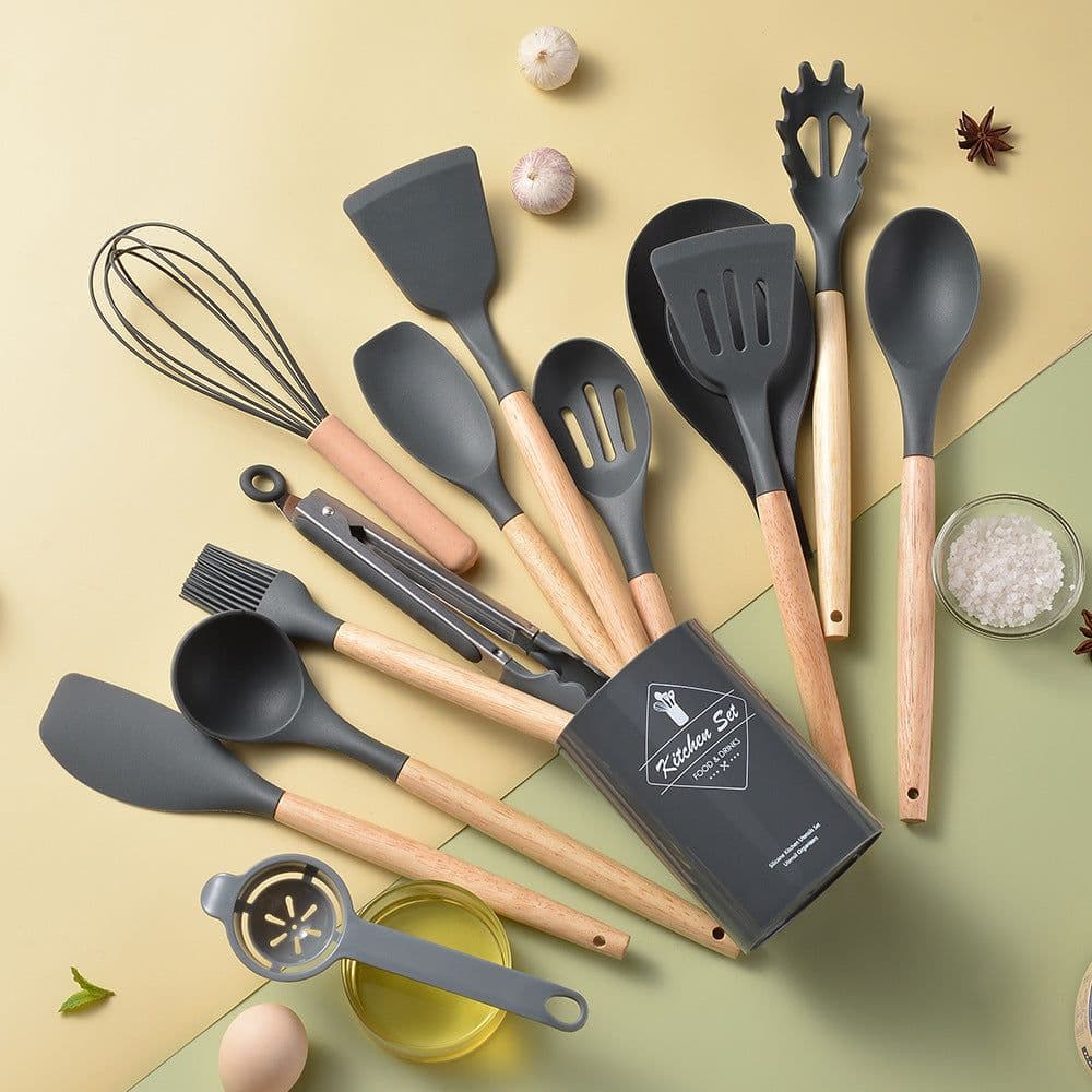 image-Spot light version of round barreled wooden handle silicone kitchen utensils 14-piece set silicone kitchen utensils spatula non-stick kitchen tools