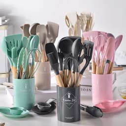 image-Spot light version of round barreled wooden handle silicone kitchen utensils 14-piece set silicone kitchen utensils spatula non-stick kitchen tools