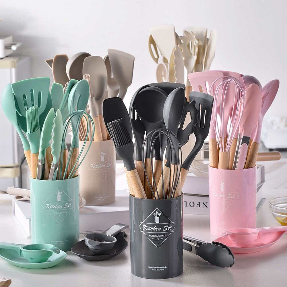 image-Spot light version of round barreled wooden handle silicone kitchen utensils 14-piece set silicone kitchen utensils spatula non-stick kitchen tools