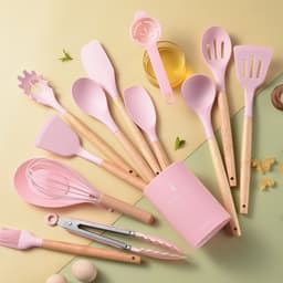image-Spot light version of round barreled wooden handle silicone kitchen utensils 14-piece set silicone kitchen utensils spatula non-stick kitchen tools