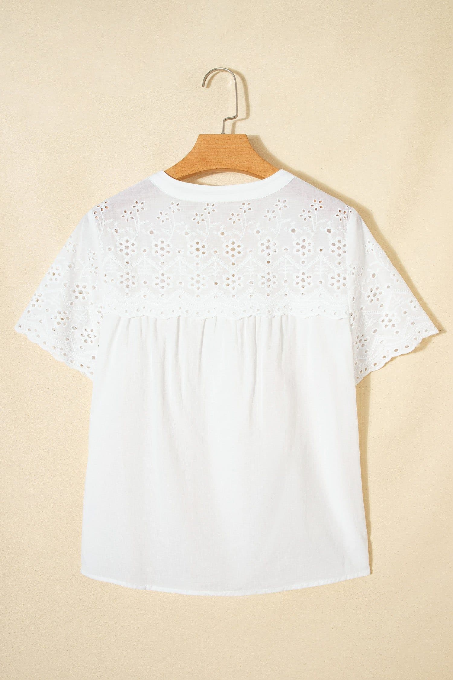 image-White Flower Eyelet Embroidered Patchwork Sheer Shirt