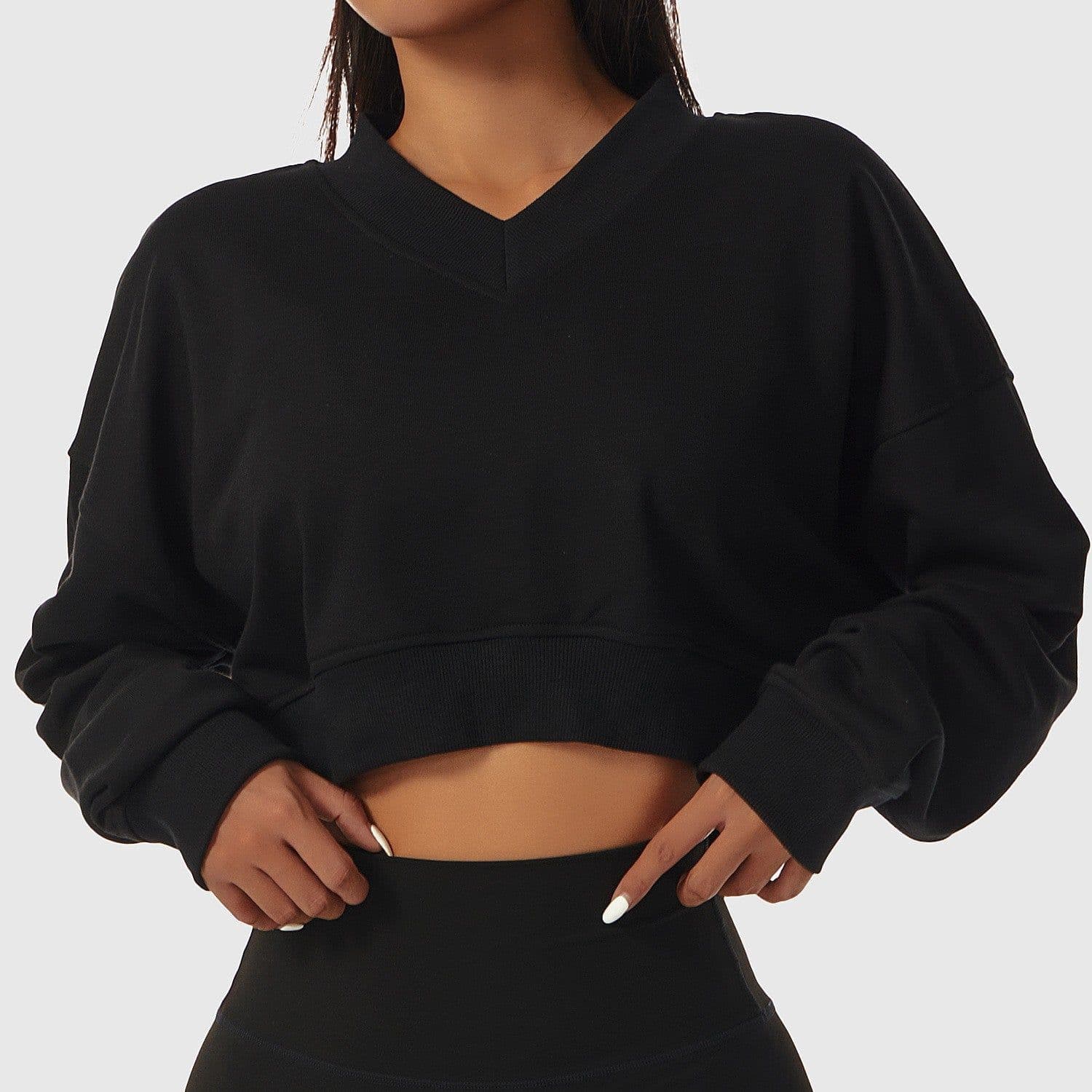 image-Cross-border European and American loose long-sleeved sports sweater women's outdoor fitness wear V-neck pullover casual fashion all-match sweater