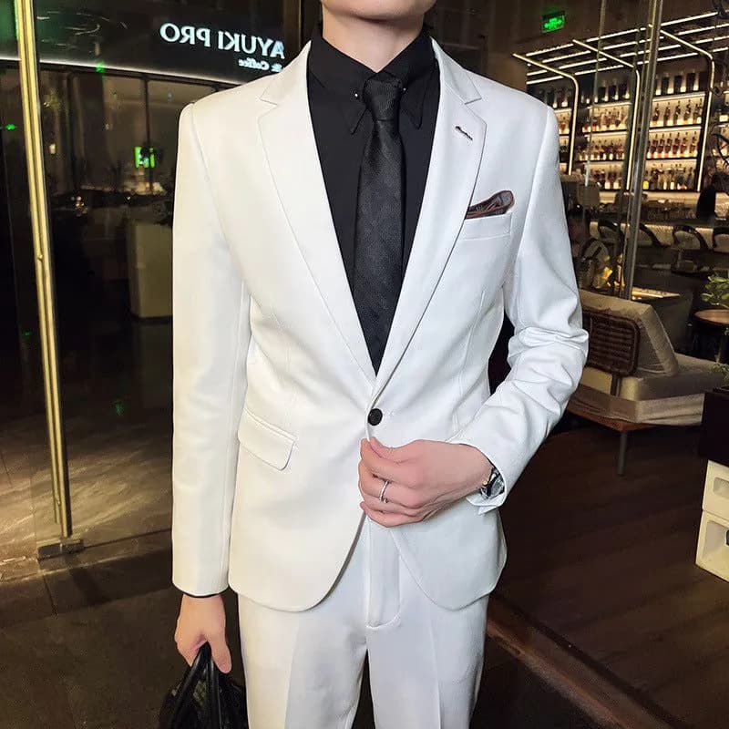 image-Large size suit Korean style one-button white coat business casual two-piece groom's dress men's suit suit