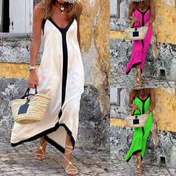 image-FD1425 In stock 2023 autumn and winter new cross-border women's fashion color matching suspender mid-length resort style dress