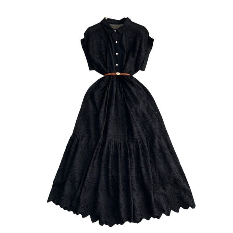 image-Niche Design Breasted Loose Lace-up Long Dress Women's Summer Cinched Pleated Shirt Collar Patchwork Long Dress