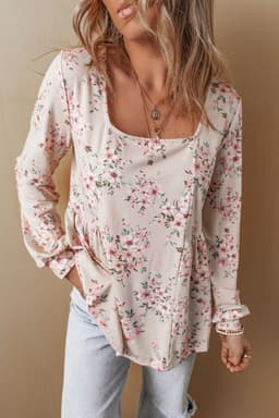 image-Pink Floral Pleated U Neck Loose Fit Blouse