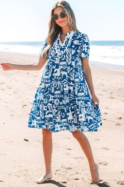 image-Blue Ricrac Trim Split Neck Floral Loose Dress