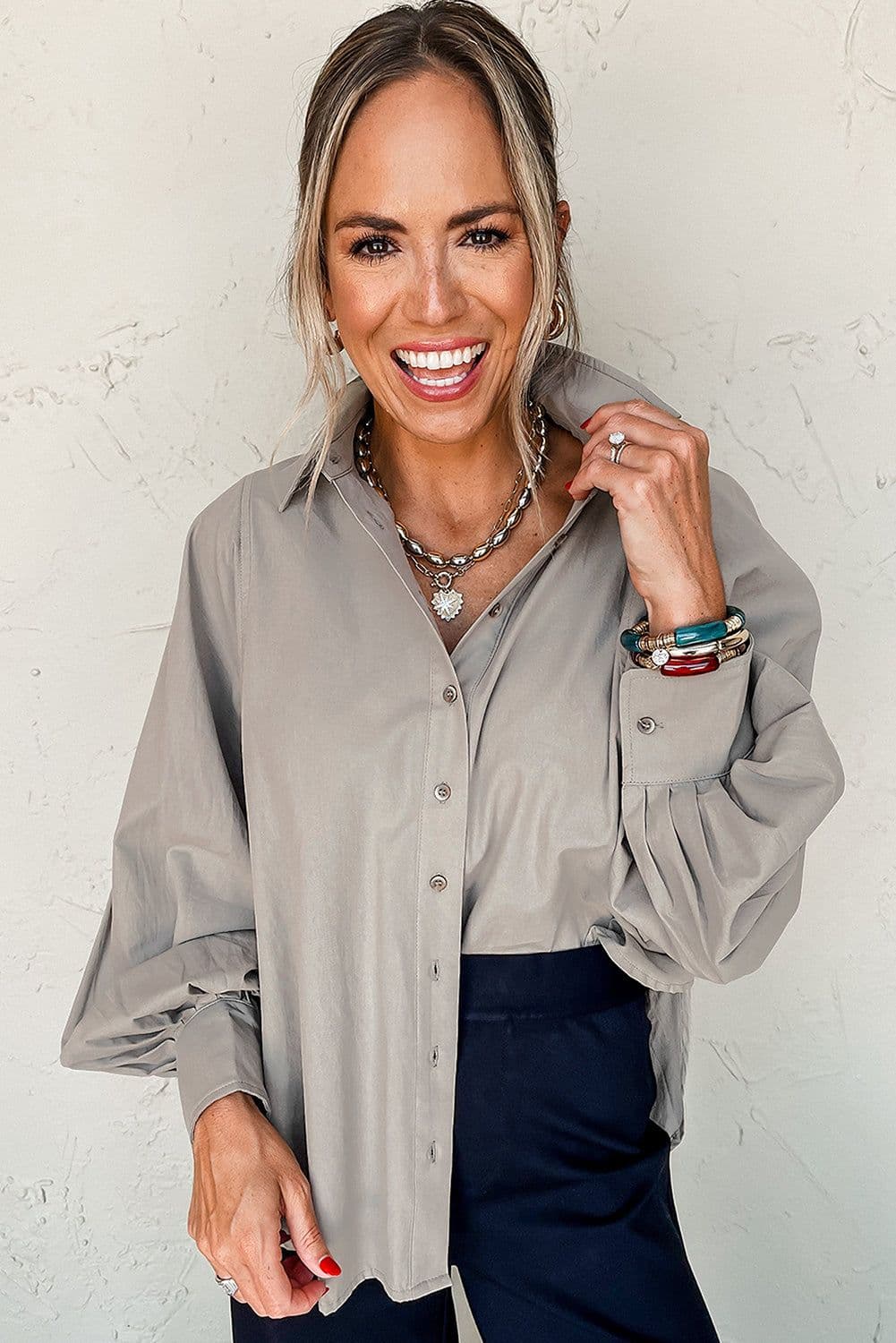 image-High Solid Color Balloon Sleeve Side Slits Loose Fit Shirt