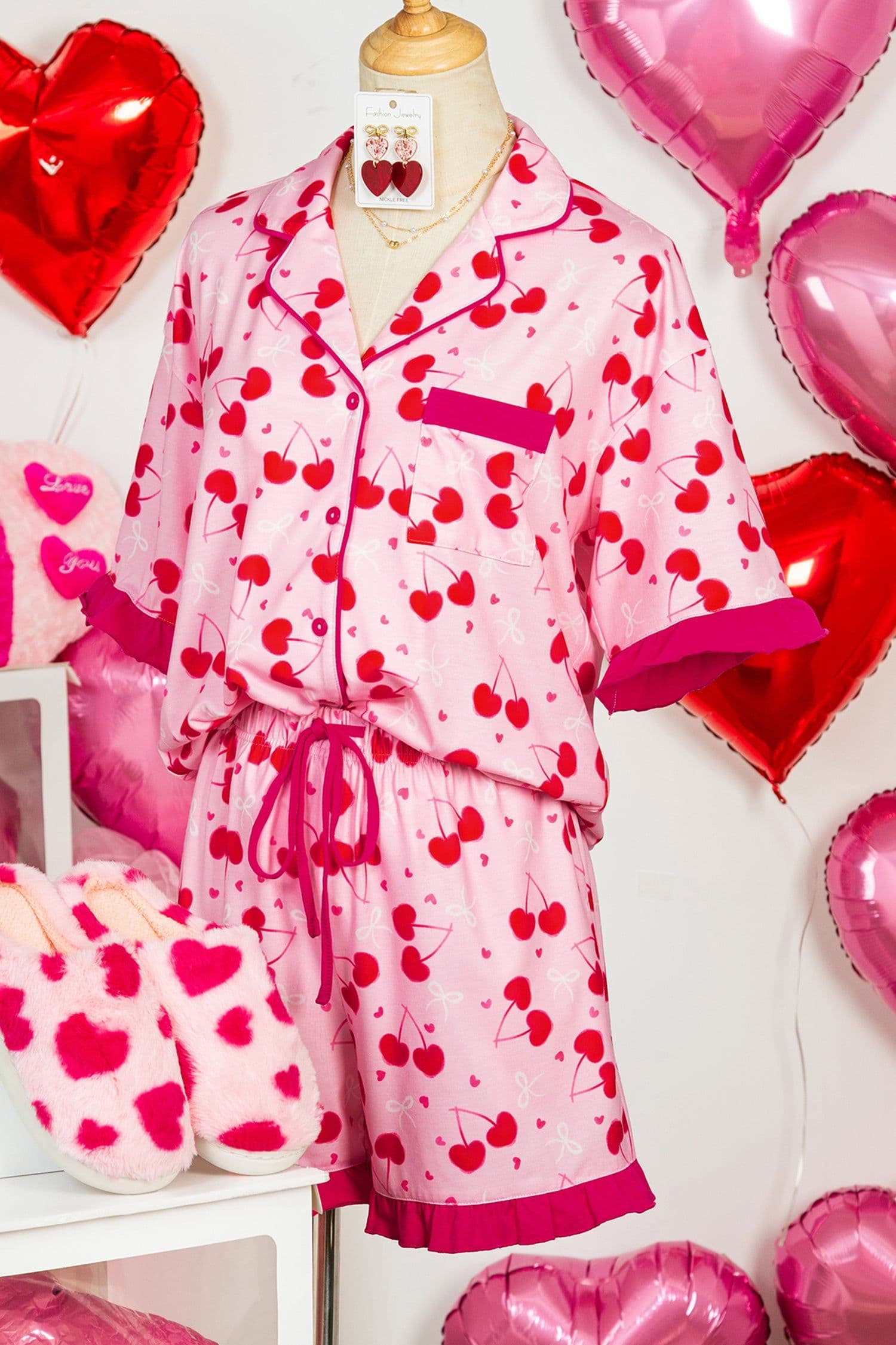 image-Rose Cherry Bow Mixed Print Scalloped Edge Short Pajama Set