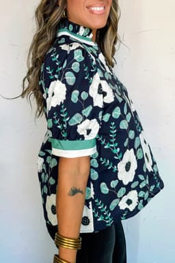 image-Blue Floral Striped Patchwork V Neck Blouse