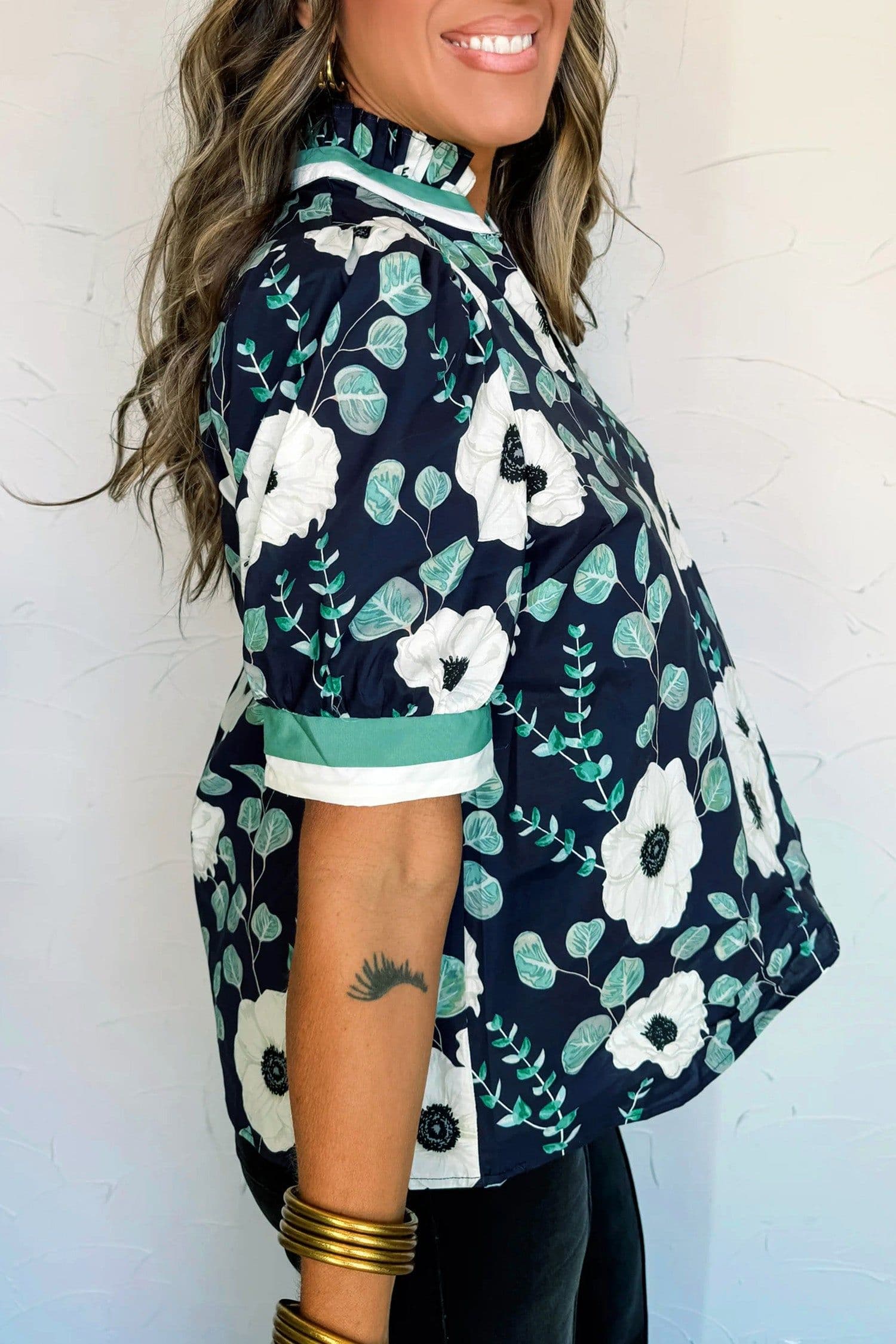 image-Blue Floral Striped Patchwork V Neck Blouse