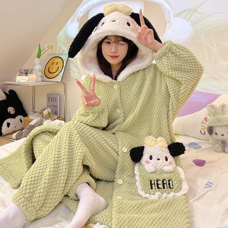 image-Coral velvet couple pajamas winter cute flannel autumn and winter thickened velvet men's and women's nightgown home wear set