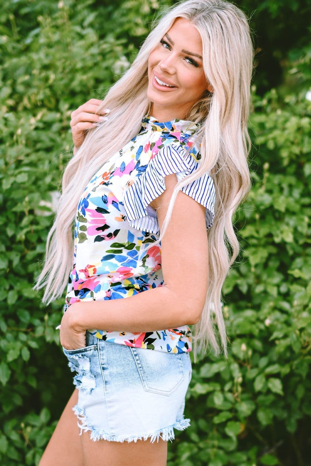image-Light Blue Floral Print Blouse - Striped Ruffled Sleeves