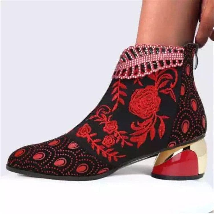 image-Medium heel ethnic style women's shoes embroidered rhinestone thick heel autumn and winter women's boots large size foreign trade Martin women's short boots 2022 new