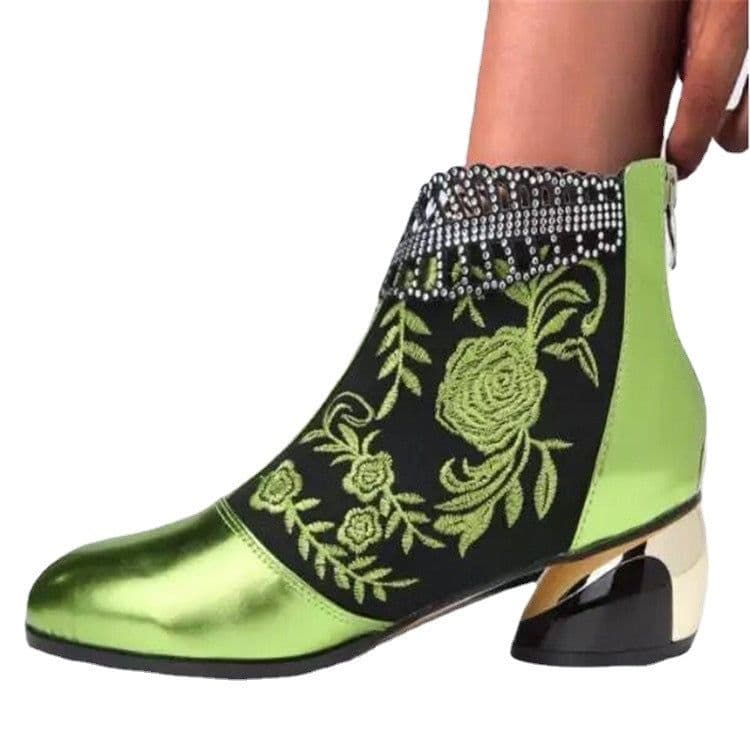 image-Medium heel ethnic style women's shoes embroidered rhinestone thick heel autumn and winter women's boots large size foreign trade Martin women's short boots 2022 new