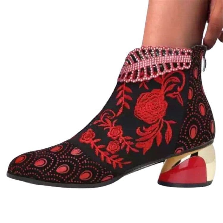 image-Medium heel ethnic style women's shoes embroidered rhinestone thick heel autumn and winter women's boots large size foreign trade Martin women's short boots 2022 new