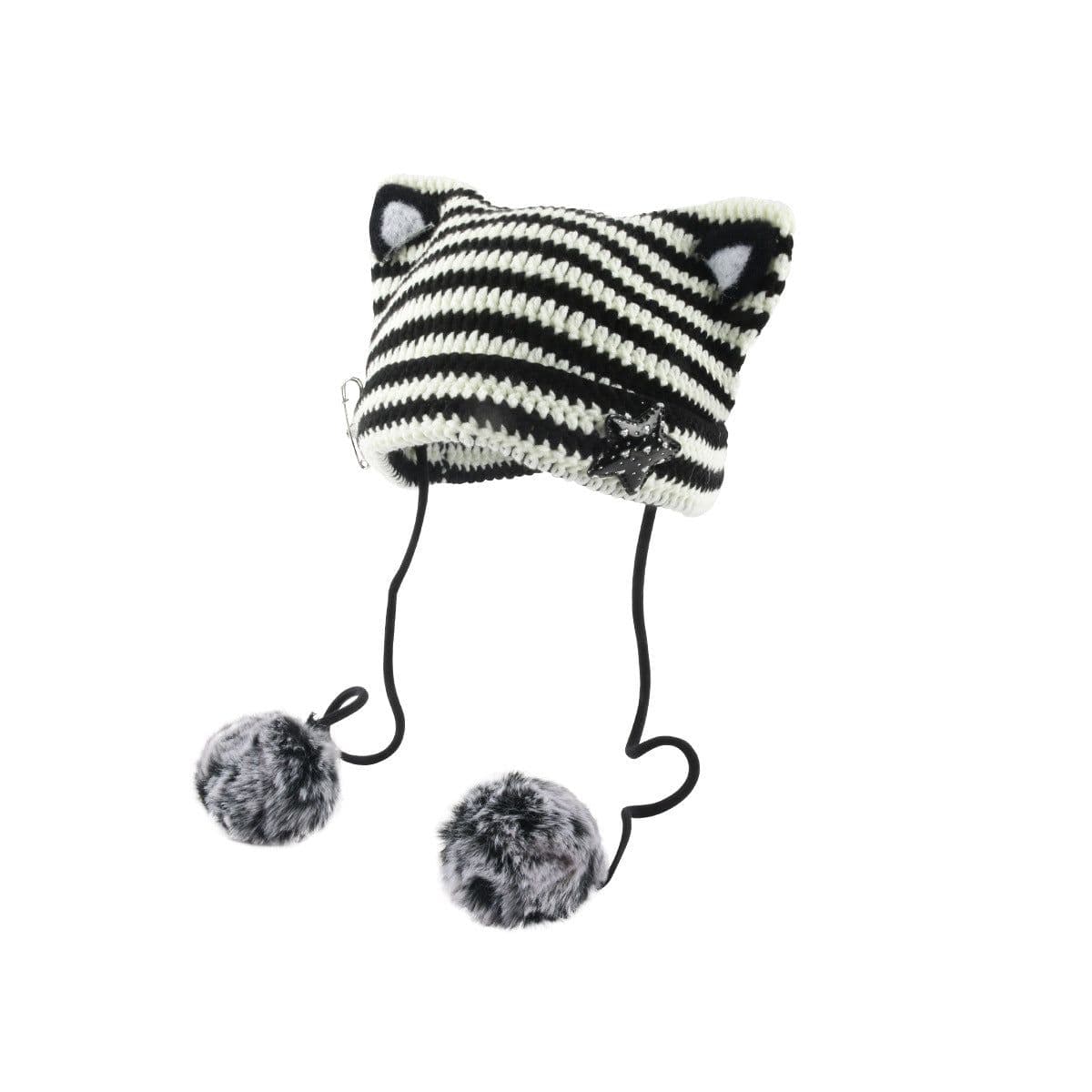 image-Winter handmade rabbit fur ball striped little devil knitted hat wholesale autumn and winter sweetheart cat ears woolen hat