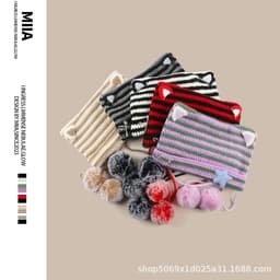 image-Winter handmade rabbit fur ball striped little devil knitted hat wholesale autumn and winter sweetheart cat ears woolen hat