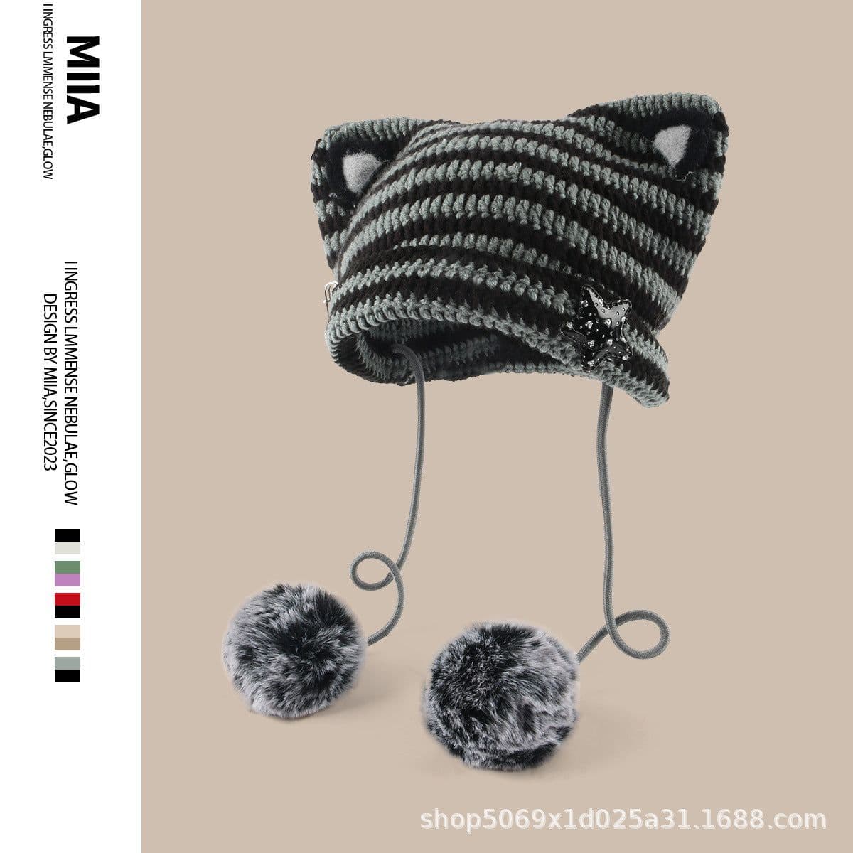 image-Winter handmade rabbit fur ball striped little devil knitted hat wholesale autumn and winter sweetheart cat ears woolen hat