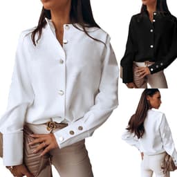 image-2023 Spring New European and American Women's Clothing Shirt Button Foreign Trade Cross-Border Amazon Solid Color Commute Style round Neck Shirt