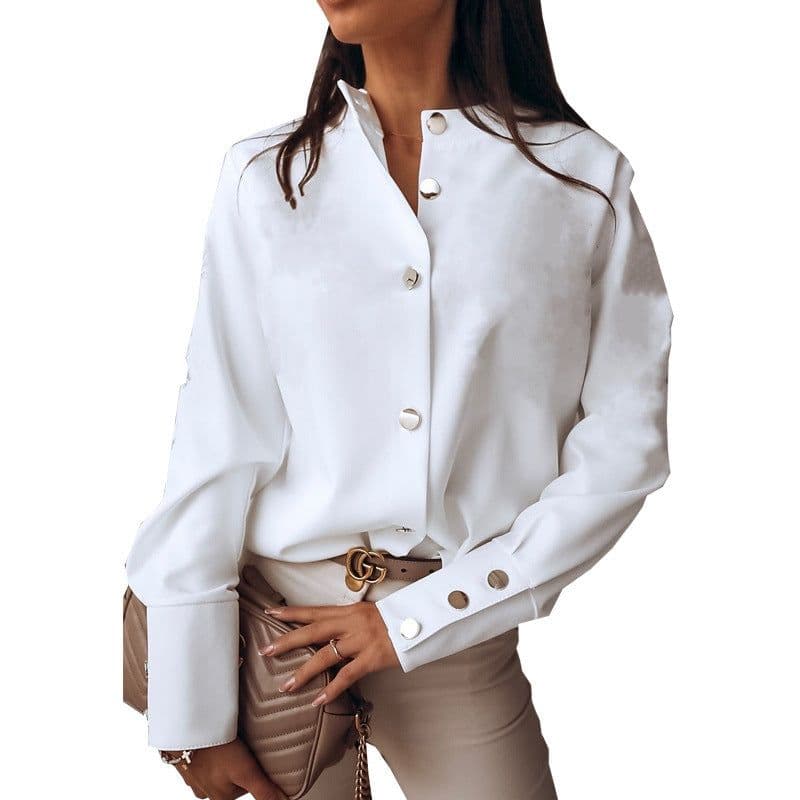 image-2023 Spring New European and American Women's Clothing Shirt Button Foreign Trade Cross-Border Amazon Solid Color Commute Style round Neck Shirt