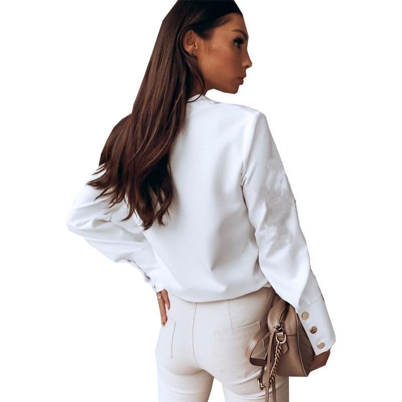 image-2023 Spring New European and American Women's Clothing Shirt Button Foreign Trade Cross-Border Amazon Solid Color Commute Style round Neck Shirt