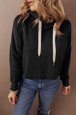 image-Dark Blue Cropped Hoodie Drop Shoulder Drawstring
