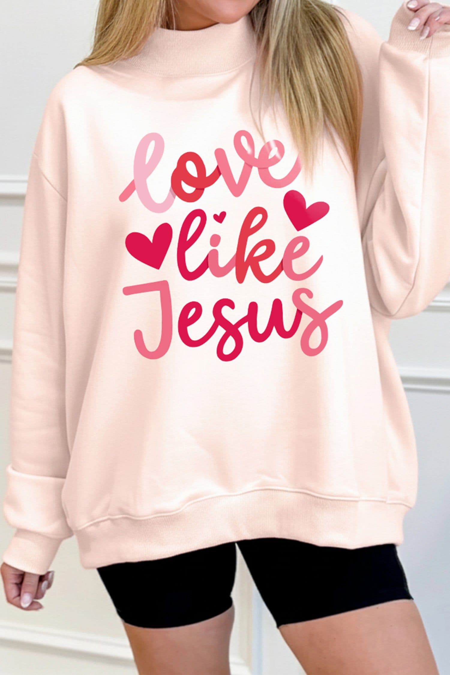 image-Light Pink Love Like Jesus Mock Neck Sweatshirt