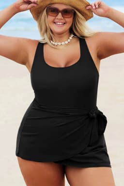image-Black Solid Color Square Neck Knotted Plus Size One Piece Swimsuit