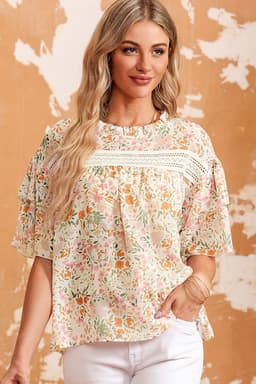 image-Floral Print Wide Ruffle Sleeves Blouse - Multicolor, Size S-XL