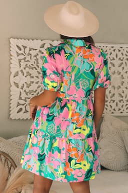 image-Green Floral Puff Sleeve Collar Buttoned Babydoll Dress