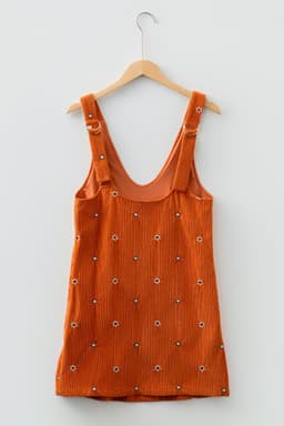 image-Gold Flame Flower Embroidered Corduroy Overall Mini Dress