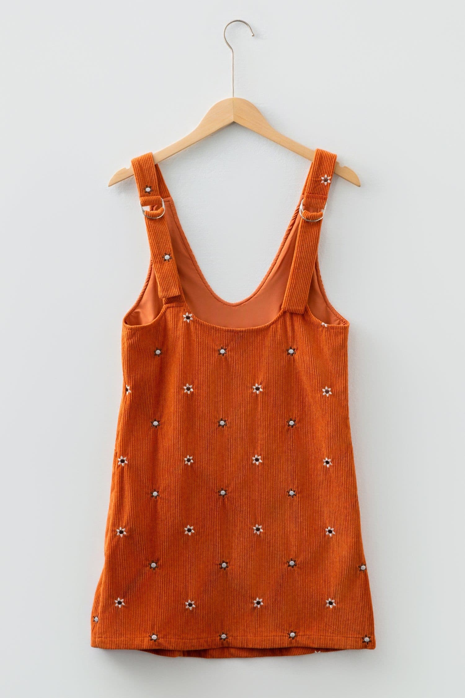 image-Gold Flame Flower Embroidered Corduroy Overall Mini Dress