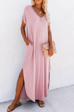 image-Black V Neck Splits Maxi T-shirt Dress, Lightweight, Breathable, S-XL