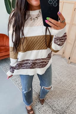 image-Green Mixed Texture Knit Striped Color Block Loose Sweater