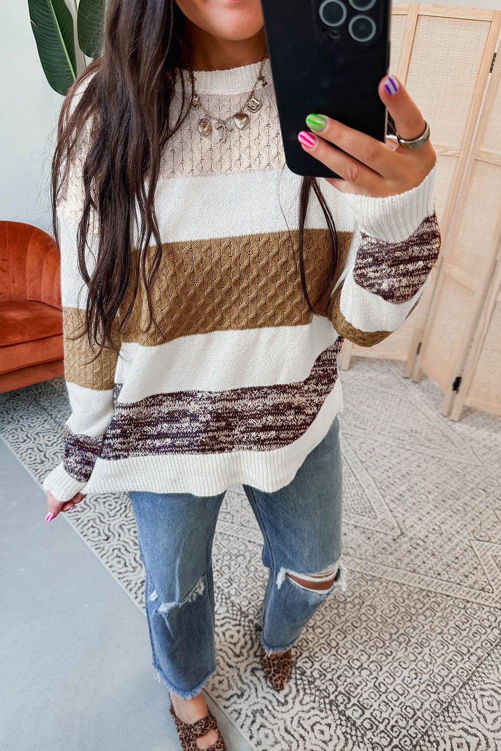 image-Green Mixed Texture Knit Striped Color Block Loose Sweater