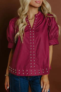image-Burgundy Rivet Embellished V Neck Puff Sleeve Blouse