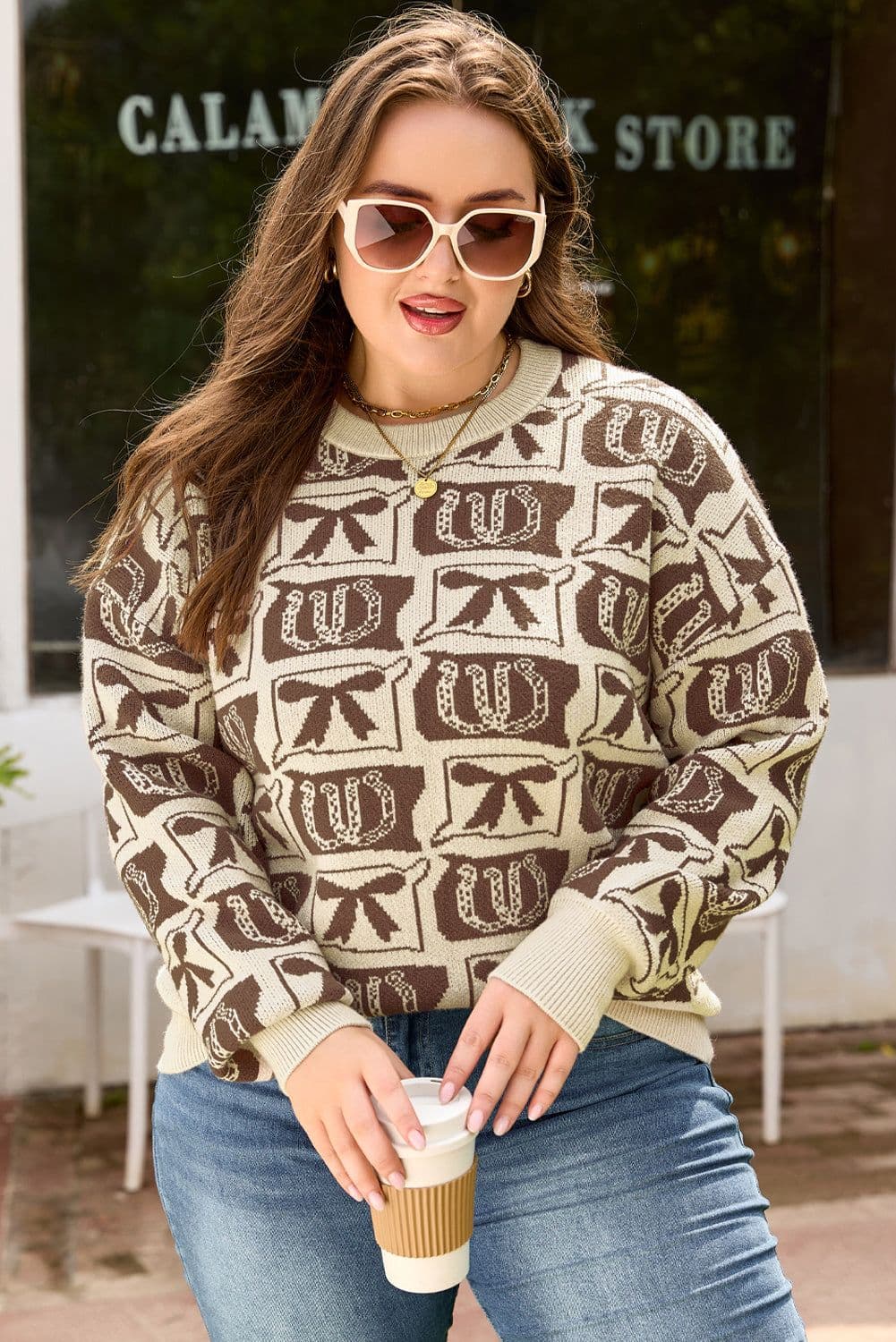 image-Brown Bow Horseshoe Print Checkered Plus Size Sweater
